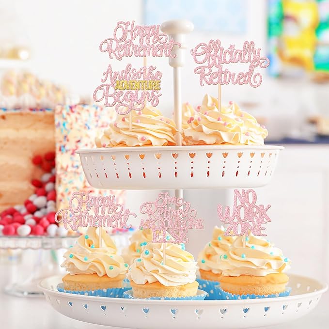 30 PCS Happy Retirement Cupcake Toppers Officially Retired Cupcake Picks No Work Zone Adventure Begins Cake Decorations for Retirement Theme Farewell Birthday Party Decor Supplies Pink