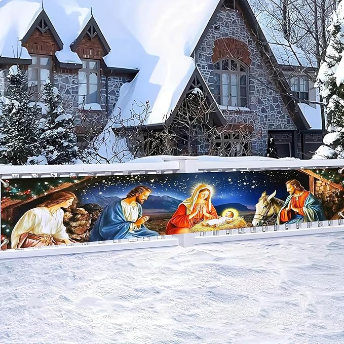 Nativity Scene Decorations Banner Polyester Fabric Holy Family Manger Design for Indoor Outdoor Garden Fence Banner Party Outdoor Porch sign 118x20 Inch Supplies Banners