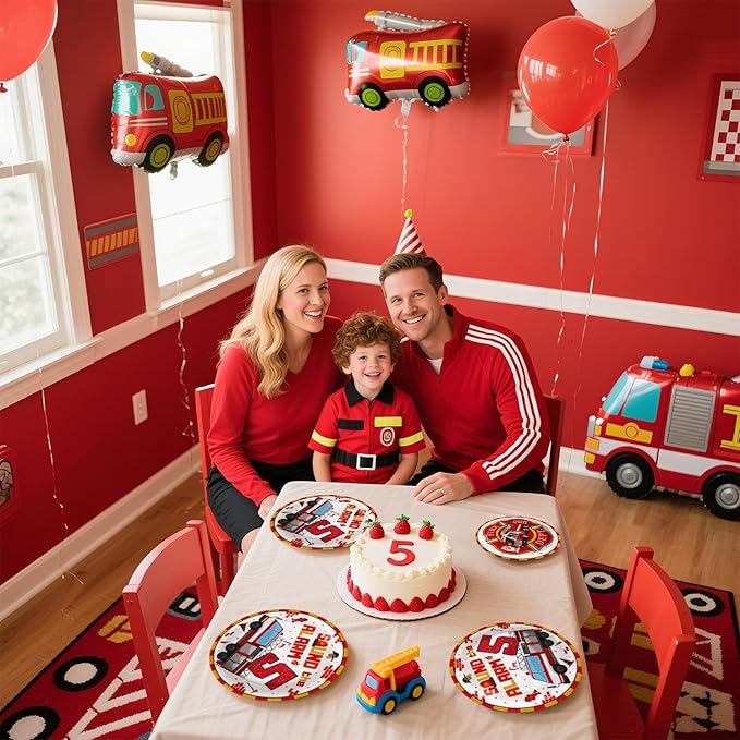 Grencian 96Pcs 5th Fire Truck Birthday Party Supplies Sound the Alarm 5th Birthday Plates and Napkins Tableware Set Red White Decoration for 5 Years Old Fire Theme Fireman Firetruck Serve 24