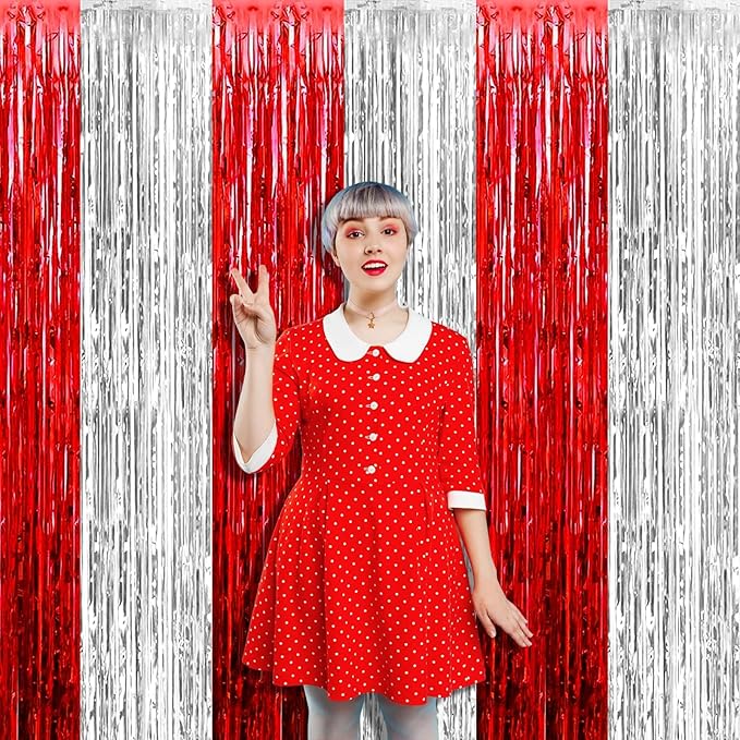 4 Pack 3.2Ft x 6.6Ft Silver Red Foil Fringe Curtain Backdrop, Metallic Tinsel Foil Fringe Streamers Curtains Background for Wedding, Circus Welcome Carnival Birthday Party Decoration New