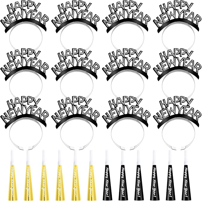 Shappy 24 Pcs 2026 New Year Party Supplies Happy New Year Headband Horn Sounder Noisemakers Eve Party Decorations