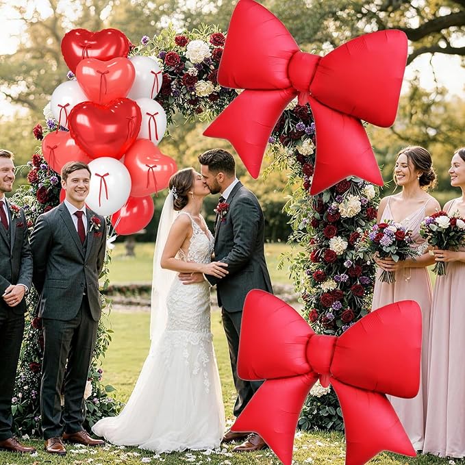 Red Heart Balloons, 38 Inch Bow Balloons, 16Pcs Red White Valentines Balloon Foil Balloon with Bow Ribbons for Birthday Wedding Bridal Baby Shower Valentines Day Decorations