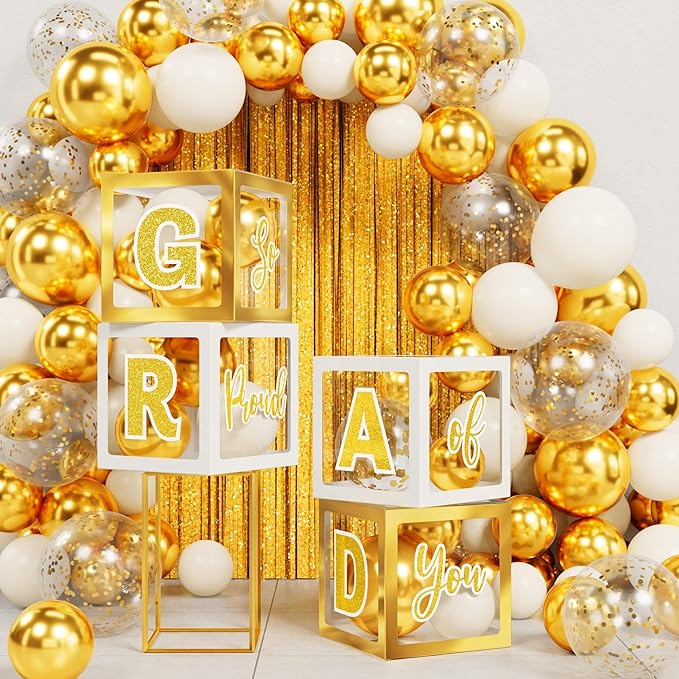 Graduation Party Decorations Class of 2026, 86PCS White & Gold Graduation Party Supplies High School College Grad Balloon Boxes with Letter, Foil Curtain, LED String Light, Balloon Garland Kit