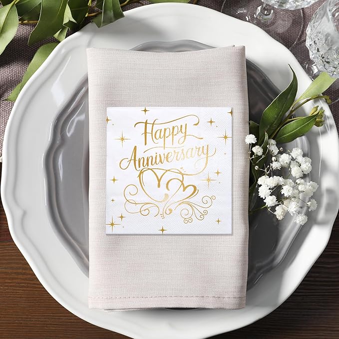 LeZakaa 25Pcs Happy Anniversary Paper Napkin, 3-Ply Gold Foil Cocktail Beverage Bar Square Disposable Napkins Guest Paper Hand Towels, Tea Party Napkins, 25th 50th Anniversary Table Decor, 5 x 5 In