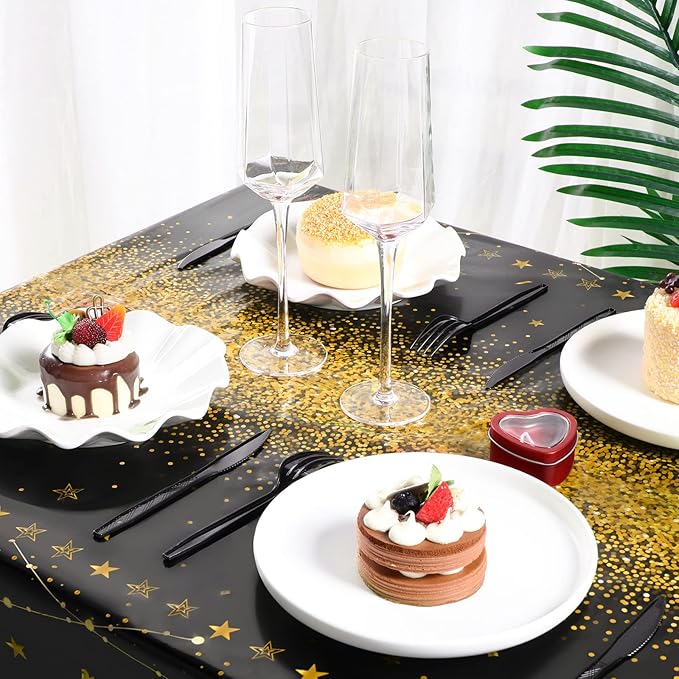 Tudomro 6 Pcs Happy Birthday Tablecloths Happy Birthday Party Decorations Plastic Table Cover Rectangular Cloths for Women Men Baby Shower Party Supplies, 108 x 54 Inch (Black Gold)