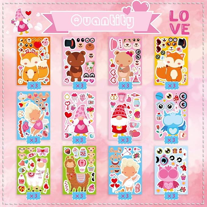 36 Sheets Valentine's Day Stickers for Kids, Make a Face Sticker Make Your Own Animal with Heart Mix Stickers Valentine's Day Activities Party Favors