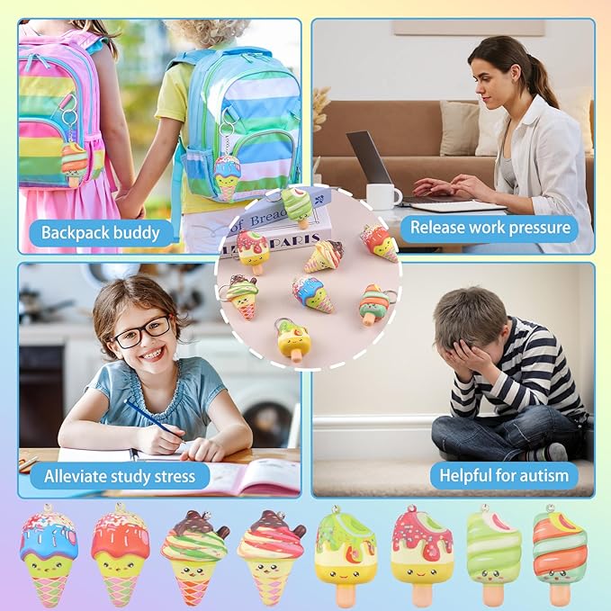 Anboor Mini Food Squishies Toys - 8pcs Soft Kawaii Ice Cream Popsicles Squeeze Stress Relief Sensory Toys for Kids, Slow-Rising Squishies Keychain Fidget Toys for Party Favors Goodie Bag Fillers