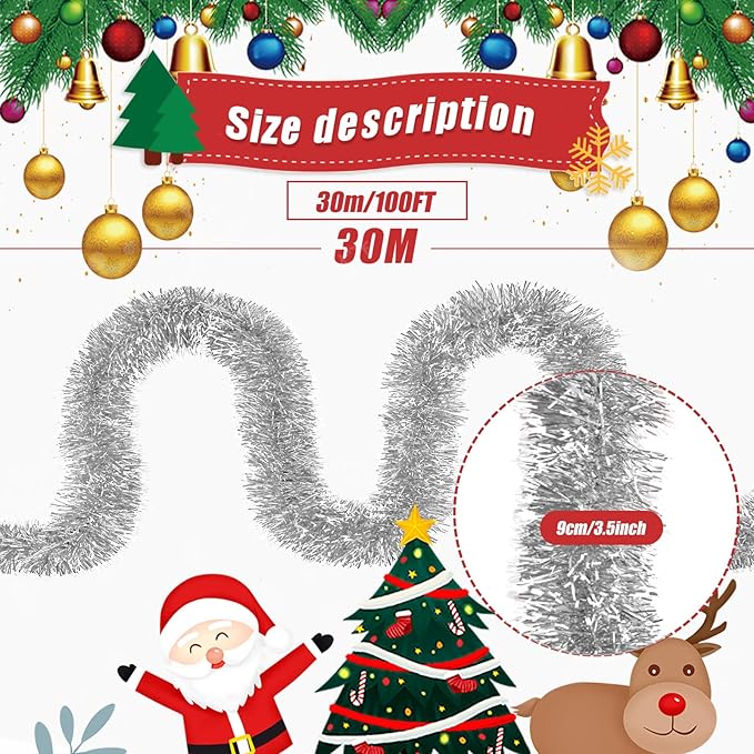 100Ft Christmas Garland - Xmas Tree Decorations, Christmas Tinsel Decorations for Indoor&Outdoor Home Decor, Christmas Metallic Twist Garland Ceiling Hanging Decorations for New Year(Silvery)
