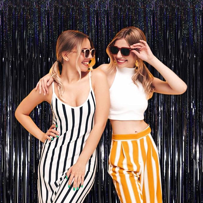 6 Pack Black Foil Fringe Curtains Backdrop, 3.28 x 8.2 Ft Metallic Streamers Tinsel Curtains Background for Photo Booth, Birthday, Halloween, Christmas, New Year Party Decorations