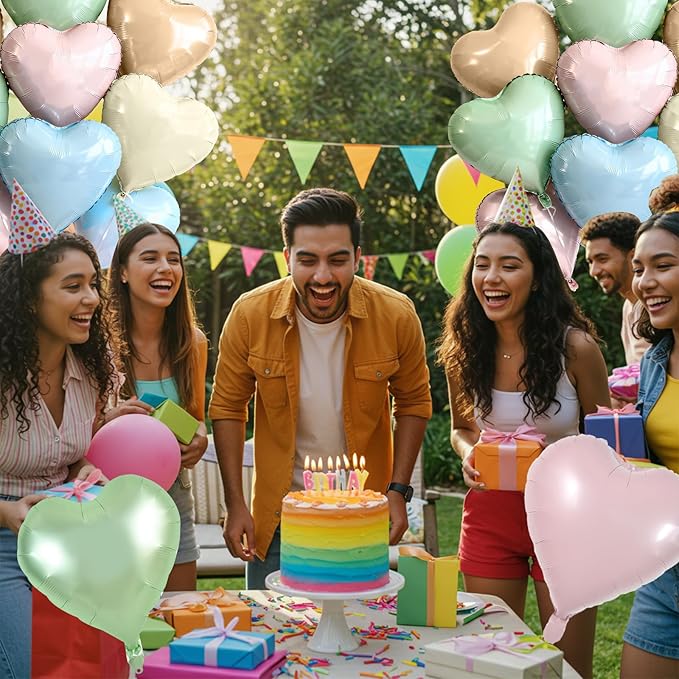 TONIFUL 30Pcs 18 Inch Pastel Colorful Balloons Light Rainbow Heart Shape Foil Mylar Banners Decoration for Birthday Valentine's Day Wedding Bridal Shower Anniversary Engagement Party Supplies