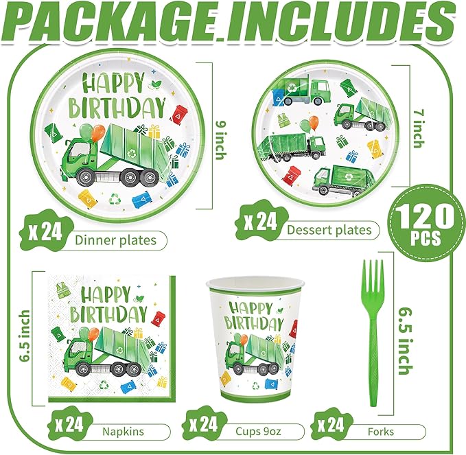 120pcs Garbage Truck Birthday Party Decorations Trash Truck Plates Napkins Green Forks Disposable Tableware Set Waste Management Recycling Rubbish Truck Birthday Party Supplies Serve 24 Guests