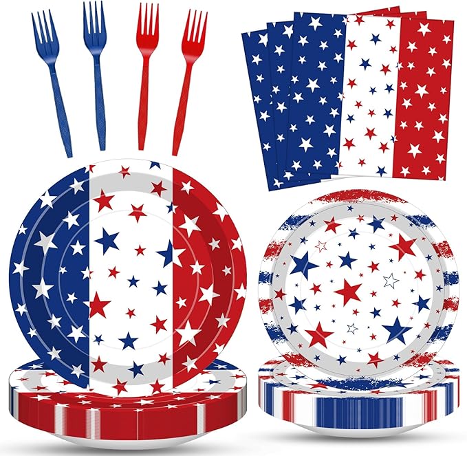 100 Pcs Patriotic Party Supplies Set, Serves 25 – Disposable Red White Blue Star Paper Plates, Napkins, and Forks, American Flag Themed Tableware for 4th of July, Memorial Day, Labor Day Decorations