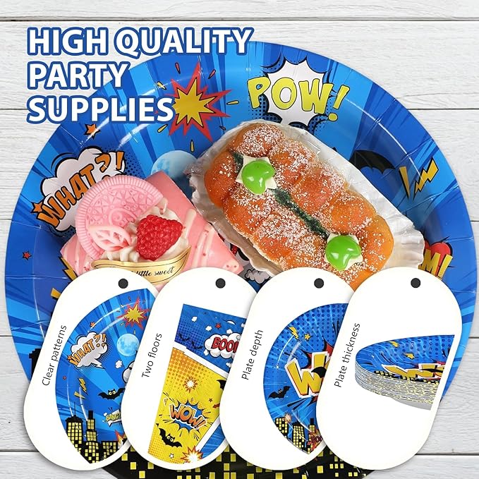 Grencian 96Pcs Super Theme Hero Birthday Party Decoration Hero's Action Sign Cityscape Plates and Napkins Blue Comic Hero Tableware Sets for Boys Baby Shower Cartoon Spider Party Favors Serve 24