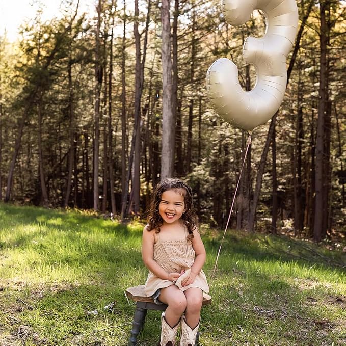 Smlpuame 40 Inch Beige Number 3 Balloons for 3rd Birthday Decorations Boys Girl, Giant Self-Sealing Cream Foil Number 0-10 White Sand Balloon for Women Men Party Anniversary Baby Shower Supplies