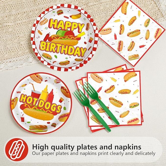 Grencian 96Pcs Hot Dog Birthday Party Supplies Fast Food Party Plates and Napkins Disposable Hotdog Birthday Decorations Tableware Set for Picnic Baby Shower Sausage Summer BBQ Serves 24
