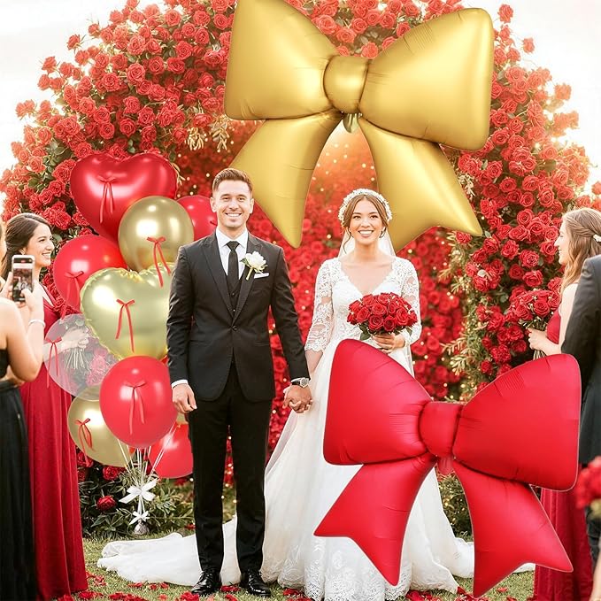 16Pcs Red and Gold Heart Balloons, 38 Inch Bow Balloons, Red Champagne Gold Clear Balloon with Bow Ribbons for Anniversary Birthday Wedding Bridal Baby Shower Valentines Day Decorations