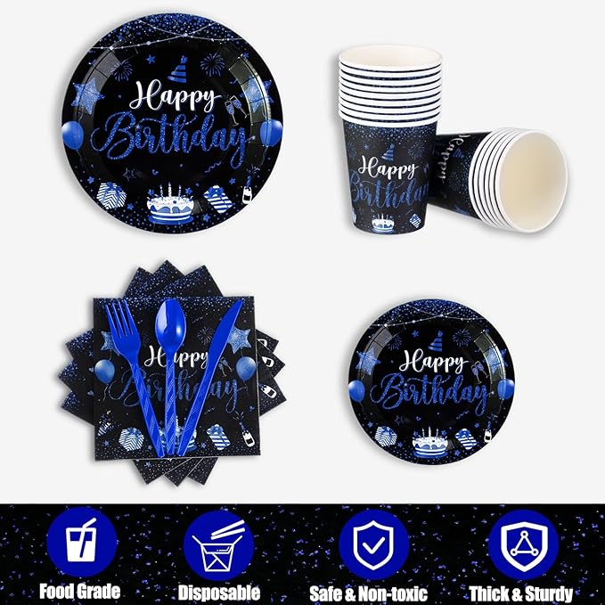 Vesici 171 Pcs Happy Birthday Party Supplies 24 Set Disposable Party Tableware include Plates Cups Napkins Cutlery and Banner Tablecloth Birthday Dinner Decorations for Men Woman(Black, Blue)
