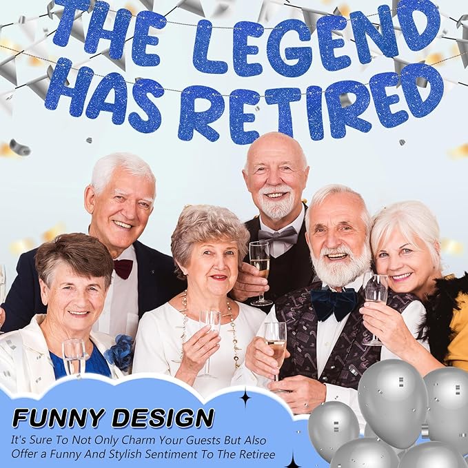 Fulmoon Pre Strung the Legend Has Retired Glitter Banner 9.8 ft Retirement Banner Retirement Party Decorations Garland Bunting for Men Women Gifts, No DIY(Blue)