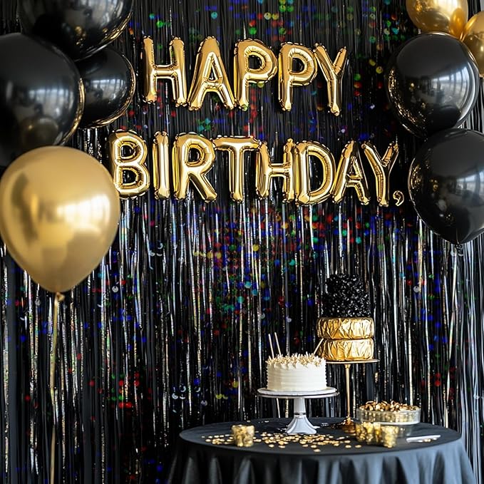 4 Packs Black Foil Fringe Curtain, Glitter Metallic Tinsel Backdrop for Birthday, Wedding, Bridal Shower, Halloween, Gold and Black Party Decorations Supplies