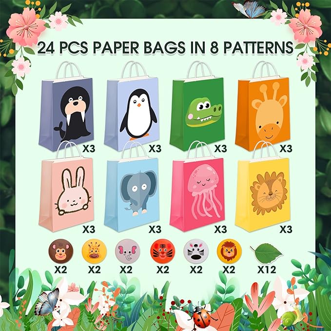 24 Pack Animal Party Favor Bags,Kids Goodie Bags for Birthday Party,Animal Goodie Treat Bags,Colorful Paper Gift Bags with Handles,Candy Bags for Kids Jungle Animals Theme Party Supplies 8 Designs