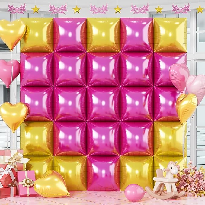 Hot Pink Gold Square Foil Balloons, 25PCS Double Sided Metallic Gold Chrome Pink Square Balloons Backdrop Wall Tunnel Arch Kit Background for Girls Women Birtdays Wedding Baby Shower Valentine