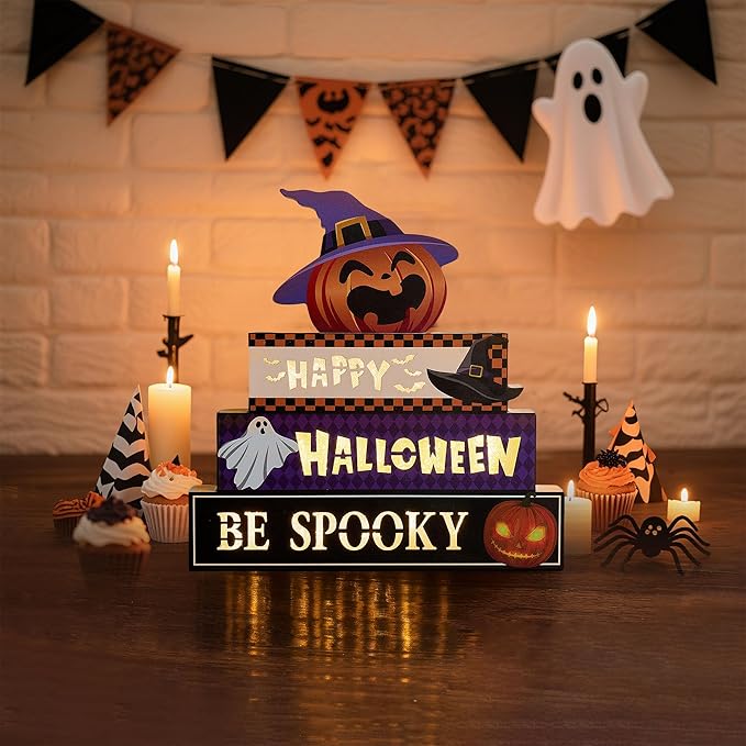 WBao Halloween Decorations Indoor 9.4inch Premium Wooden Block Set with Glowing 3D Letters, Timer, Battery Powered Rustic Farmhouse Centerpiece for Home, Table, Mantel, Shelf Halloween Party Decor