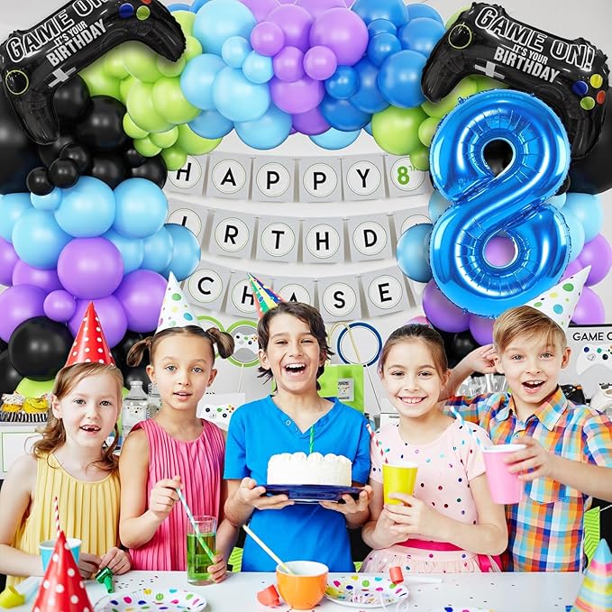 8th Birthday Video Game Balloons Arch Kit, 108pcs Blue, Black, Light Olive Green, Purple Balloons, Video Game Themed Foil Balloons, Boys Birthday Decor