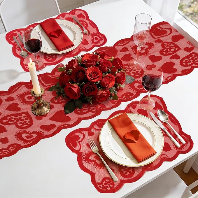 5Pack Valentines Day Decorations Valentine's Day Table Runner Red Heart Lace Table Runner for Valentines Day Decor Anniversary Engagement Wedding Home Table Romantic Decorations 13x72