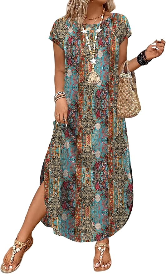WIHOLL Summer Dresses Cap Sleeve Crewneck Maxi Long Casual Dress with Pockets Beach Vacation Sundresses 2026 Trendy