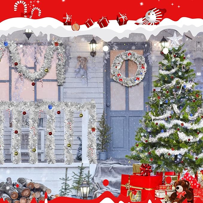 4 Pack Silver Tinsel Garland - 200Ft Metallic Hanging Tinsel for Christmas Tree, Home & Party Decorations Indoor/Outdoor