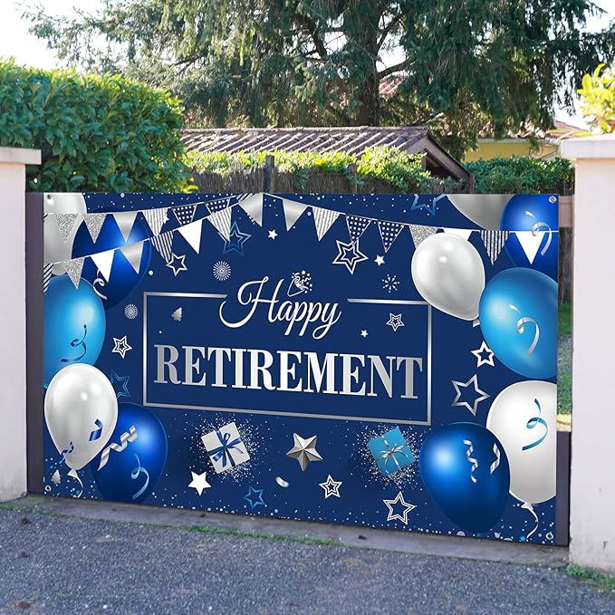 Blulu Retirement Party Decorations, Extra Large Fabric Retire Sign Banner Photo Booth Backdrop Background with Rope for Retirement Party Favor(72.8 x 43.3 Inches,Blue and Silver)
