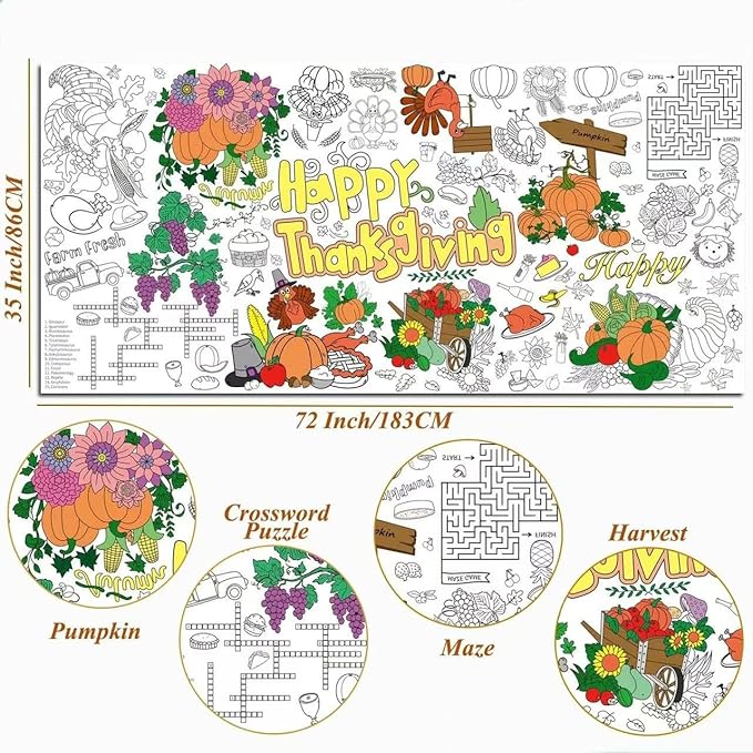 Giant Easter Coloring Poster and Tablecloth | Fun Family Activity & Party Game for Kids & Adults | Jumbo Paper Banner Table Cover - 34x72 Inches (Thanksgiving)