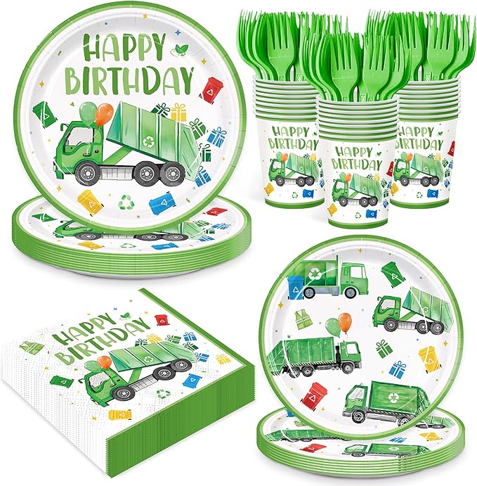 120pcs Garbage Truck Birthday Party Decorations Trash Truck Plates Napkins Green Forks Disposable Tableware Set Waste Management Recycling Rubbish Truck Birthday Party Supplies Serve 24 Guests
