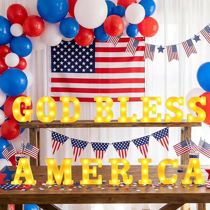 15 Pcs Patriotic Decorations 6.4 Inch God Bless America LED Letter Lights Sign 4th of July Table Decoration for Patriotic Welcome Memorial Day