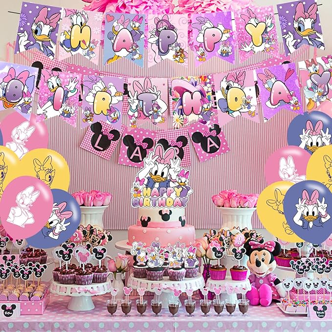Daisy Duck Party Decoration Set - Movie Theme Banner, Cake Topper, Latex Balloons for Fan's Birthday Supplies