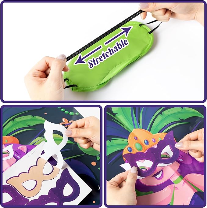 Mardi Gras Pin the Mask On the Dancer Party Game Large Poster with 24 Pcs Stickers Blindfolds Fun Masquerade Activity for Fat Tuesday New Orleans Carnival Birthday Party Decorations Wall Decor