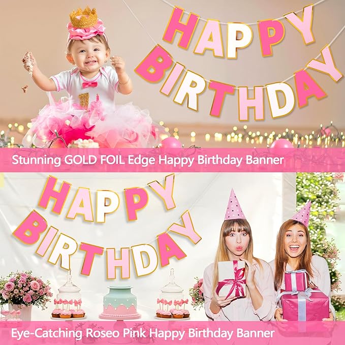 Happy Birthday Banner - 9ft Pre-Strung Happy Birthday Sign for Women, Men, Girls, Boys - No DIY Birthday Decorations & Party Supplies(Roseo Pink)