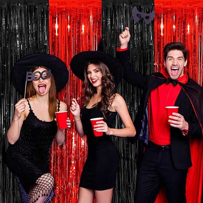 6 Pack Black and Red Foil Fringe Curtains Backdrop, 3.28 x 8.2 Ft Metallic Streamers Tinsel Curtains Background for Photo Booth, Birthday, Christmas, Halloween, New Year Party Decorations