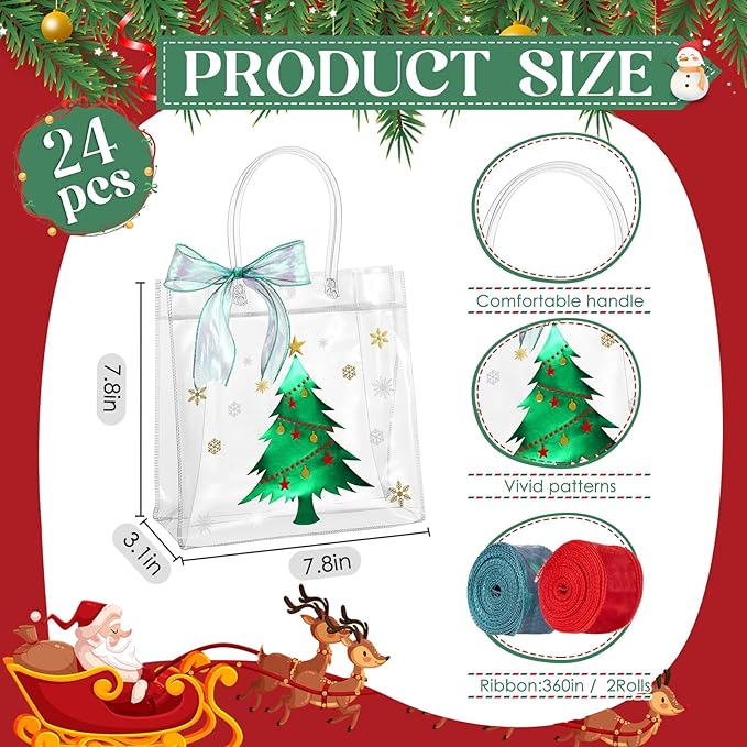 Henoyso 24 Pcs Christmas Clear Gift Bags Plastic Candy Treat Goodie Bags Red Foil Santa PVC Wrap Totes with Handles and Ribbon Xmas Party Favors (Red and Green,7.8 x 7.8 x 3.1 Inch)