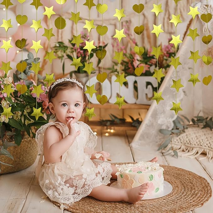 Gold Dot Heart Star Streamers 19.8 Feet Paper Garlands Glitter Disco Garland Hanging Banner for Birthday Homecoming Classroom Mothers Day Wedding Engagement Birthday Party Supplies