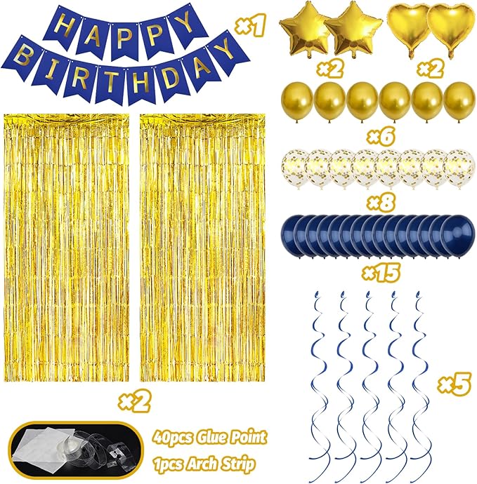 Navy Blue Gold Birthday Decorations, Bday Party Supplies for Men Women Boys Girls with Happy Birthday Banner, Confetti Balloons, Fringe Curtain, Heart Star Foil Balloons, Hanging Swirls