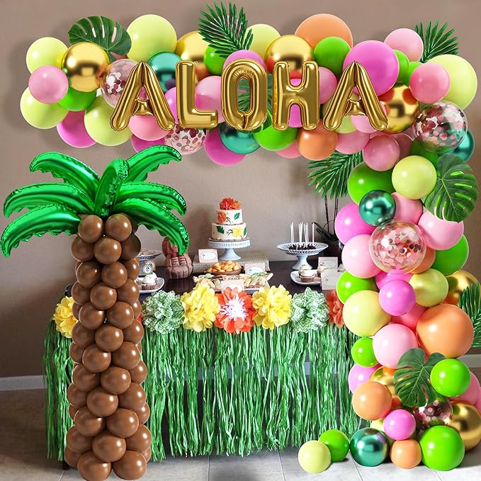 Tropical Luau Balloons Arch Garland Kit Luau Party Decorations with Palm Leaves Flamingo Palm Tree Aloha Foil Balloon Coconut Balloons Set for Tropical Hawaiian Flamingo Party (Aloha-A)