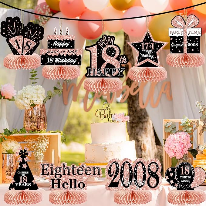 9Pcs Rose Gold Pink 18th Birthday Decorations Honeycomb Centerpieces for Girls,Happy 18th Birthday Centerpieces Tables Toppers Party Decorations Supplies,Vintage 2008 Aged Table Sign Decor