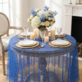 Horaldaily Royal Blue Gold Sparkling Star Gauze Tablecloth 60x60 Inch Round, Golden Star Sequin Glitter Metallic Foil, Sheer Tulle Cheesecloth for Wedding Baby Shower Party