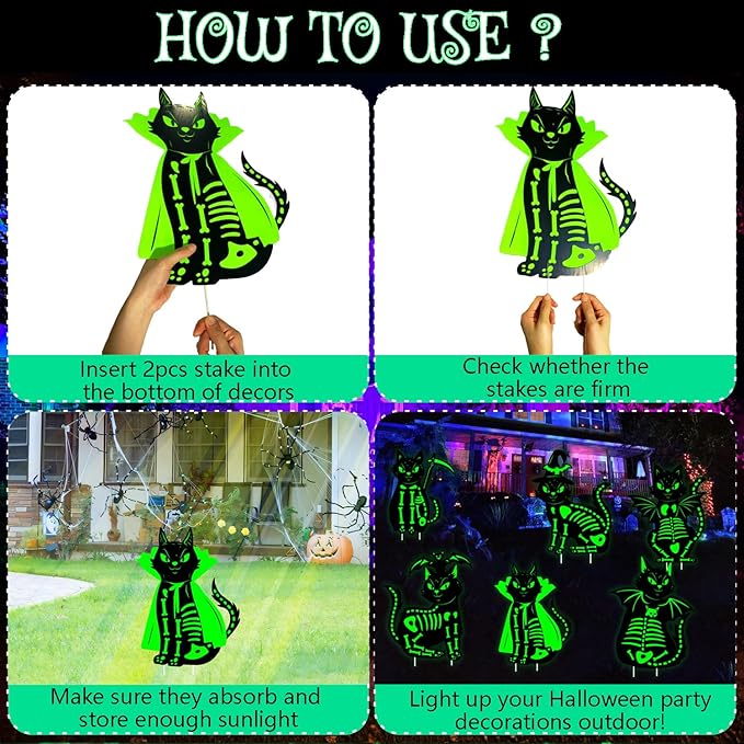 6Pcs Black Cat Halloween Decor Outdoor Glow in The Dark, 16.5”×12.6” Waterproof Spooky Graveyard Yard Stake, Scary Porch and Party Decoration, Light-Up Halloween Cat Sign