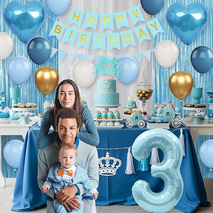 3rd Birthday Decorations Blue White Gold,3rd Birthday Balloons with Happy Birthday Banner Fringe Curtain Heart Foil Balloons for Boys Girls 3 Year Old Birthday Decor