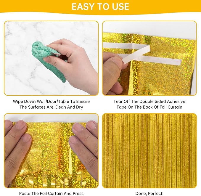 2 Pack 3.3 x 8.2 ft Tinsel Foil Fringe Curtain Backdrop, Upgraded Gold Glitter Metallic Streamers Backdrop Curtains for Birthday Decorations Bachelorette Prom Graduation Party Decorations