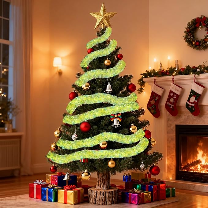 20FT Lime Green Christmas Tinsel Garland Iridescent Hanging Twisted Garland iRide for Christmas Tree Fireplace Mantle Xmas Party Home Decoration