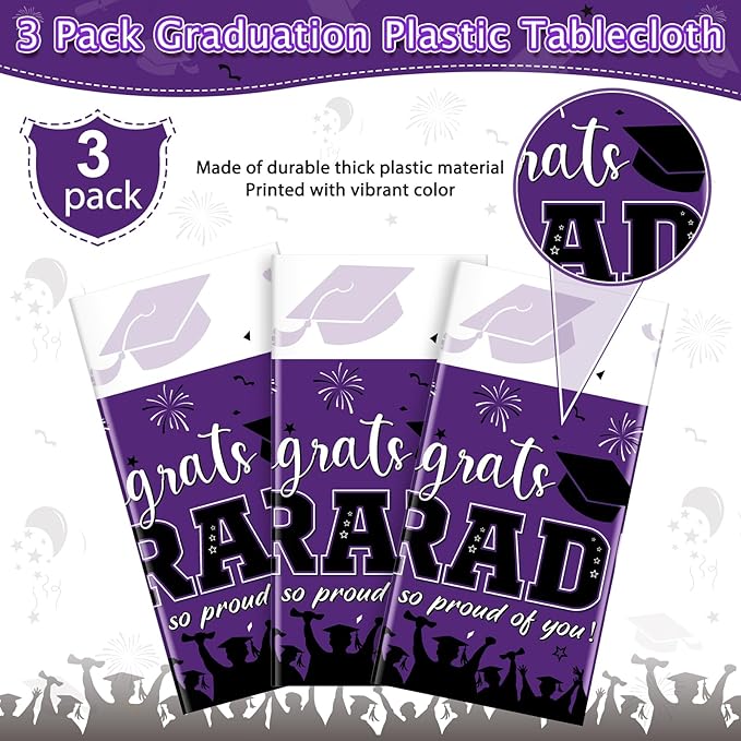 3 Pack Graduation Tablecloth Party Decorations, Class of 2026 Congrats Grad Plastic Tablecover Party Supplies, Purple Rectangle Graduation Table Decorations for College High School Party, 54 x 108Inch