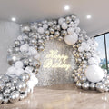 White and Silver Balloon Arch Kit, 140Pcs White Metallic Silver and Silver Confetti Party Balloon Garland Kit for Birthday, Wedding, Engagements, Baby Shower, Anniversary Party Decorations